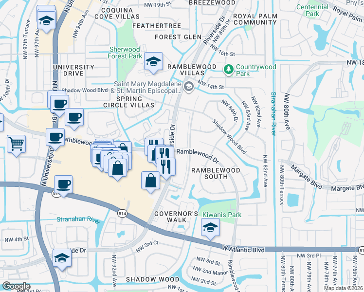 map of restaurants, bars, coffee shops, grocery stores, and more near 1075 Riverside Drive in Coral Springs