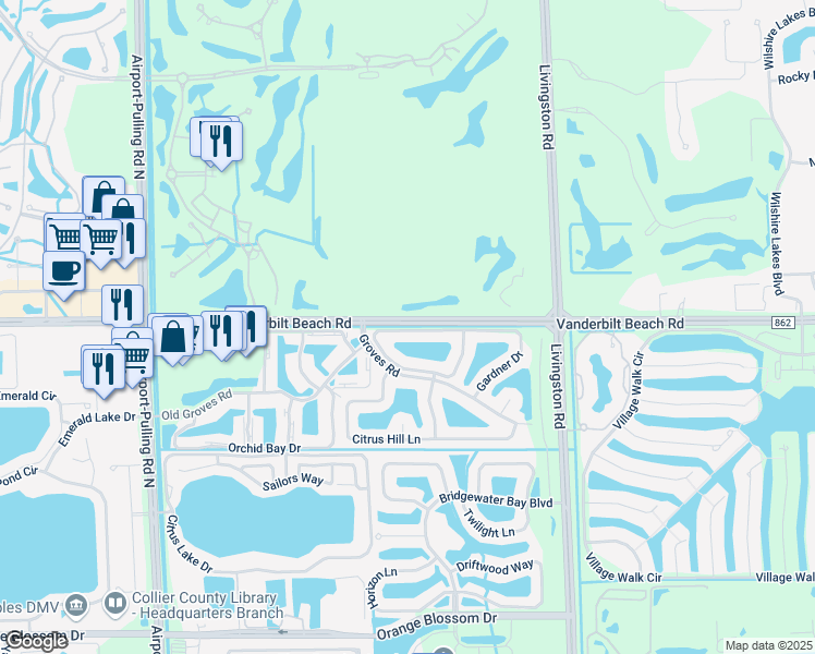 map of restaurants, bars, coffee shops, grocery stores, and more near 7718 Groves Road in Naples