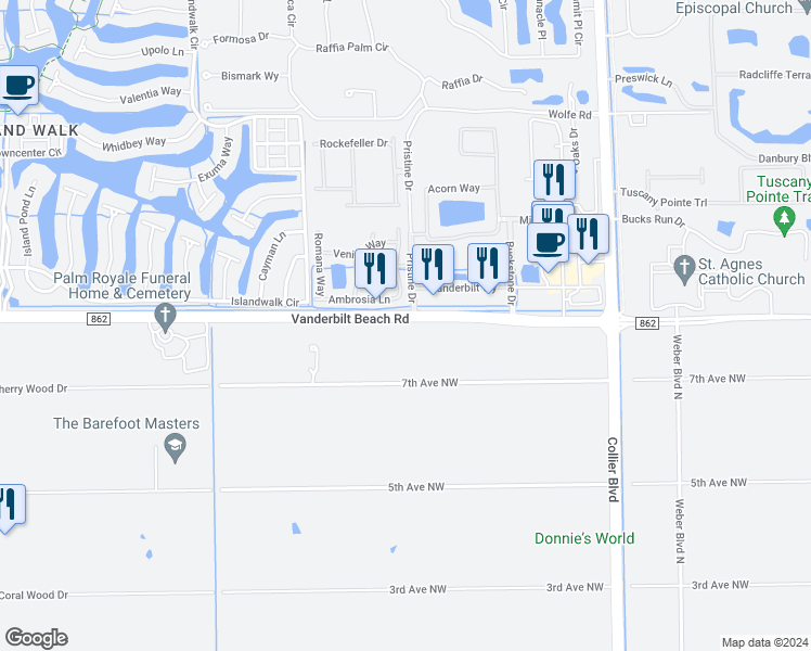 map of restaurants, bars, coffee shops, grocery stores, and more near 7375 Vanderbilt Beach Road in Naples