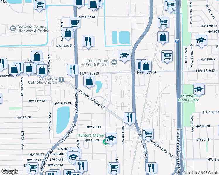 map of restaurants, bars, coffee shops, grocery stores, and more near 1351 Northwest 18th Drive in Pompano Beach