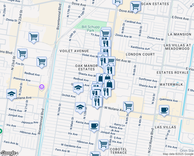 map of restaurants, bars, coffee shops, grocery stores, and more near 1101 Shasta Avenue in McAllen