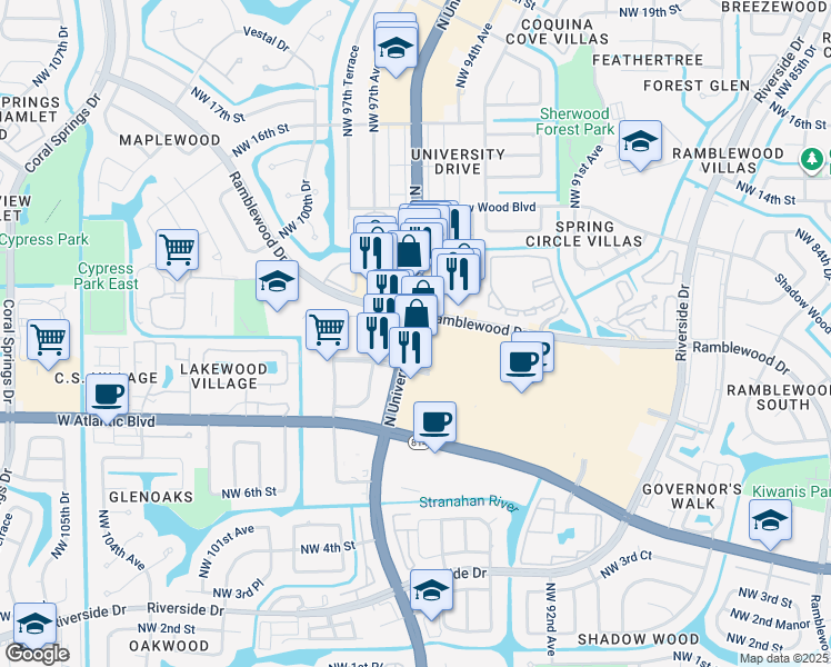 map of restaurants, bars, coffee shops, grocery stores, and more near 9430-9598 Ramblewood Dr in Coral Springs