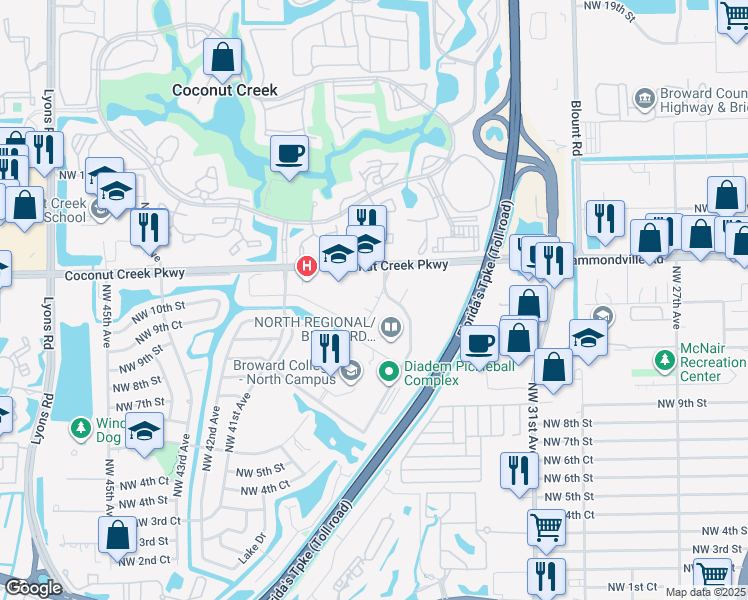 map of restaurants, bars, coffee shops, grocery stores, and more near 1151 Coconut Creek Boulevard in Coconut Creek