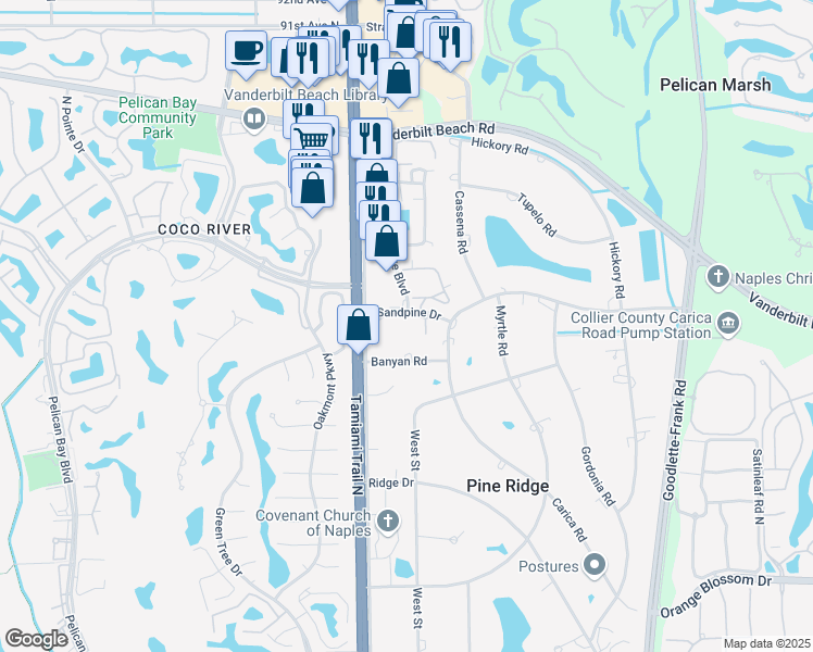 map of restaurants, bars, coffee shops, grocery stores, and more near 300 Sandpine Drive in Naples