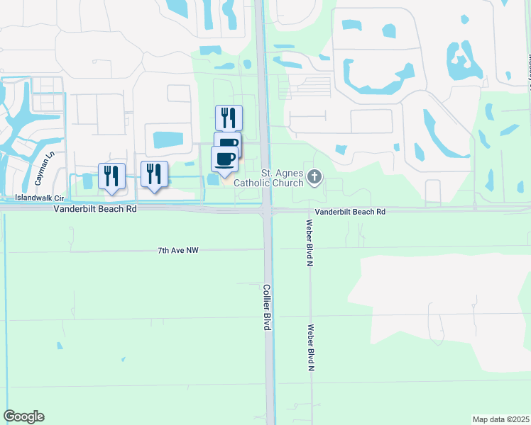 map of restaurants, bars, coffee shops, grocery stores, and more near County Road 951 & Vanderbilt Beach Road in Naples