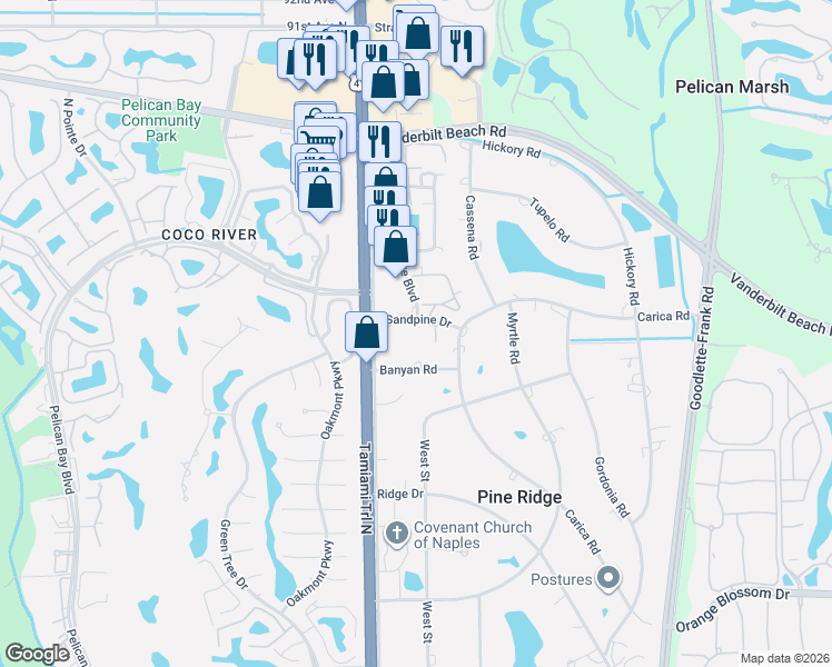 map of restaurants, bars, coffee shops, grocery stores, and more near 300 Sandpine Drive in Naples