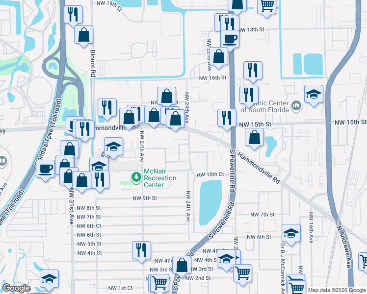 map of restaurants, bars, coffee shops, grocery stores, and more near 2401 Northwest 13th Street in Pompano Beach