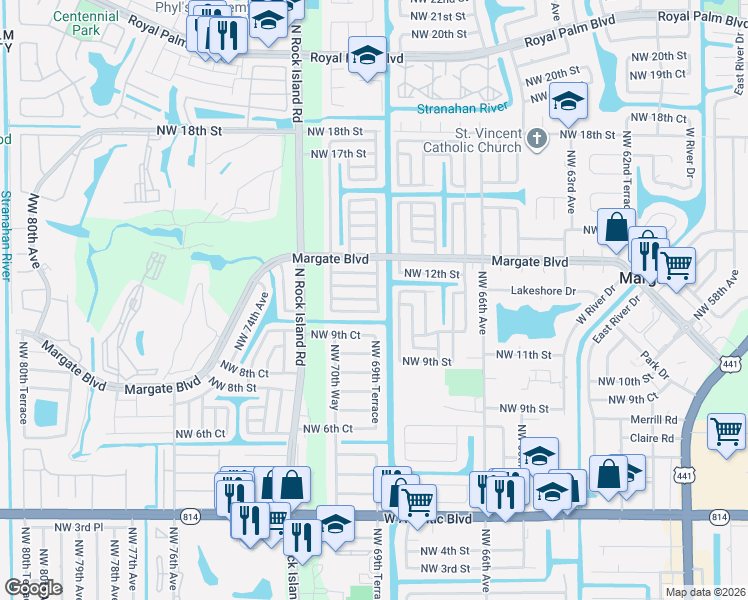 map of restaurants, bars, coffee shops, grocery stores, and more near 6920 Northwest 11th Court in Margate