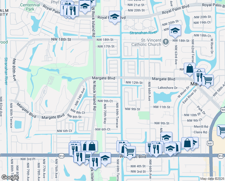 map of restaurants, bars, coffee shops, grocery stores, and more near 6920 Northwest 11th Court in Margate