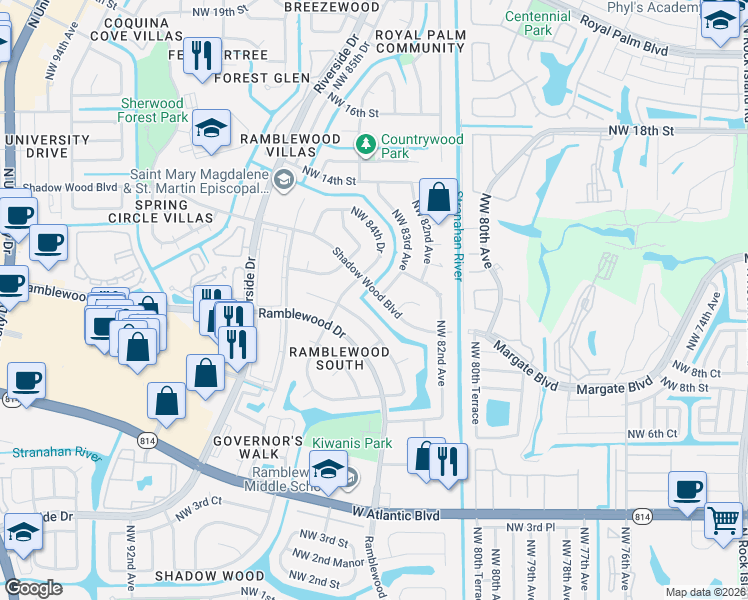 map of restaurants, bars, coffee shops, grocery stores, and more near 8398 Shadow Wood Boulevard in Coral Springs