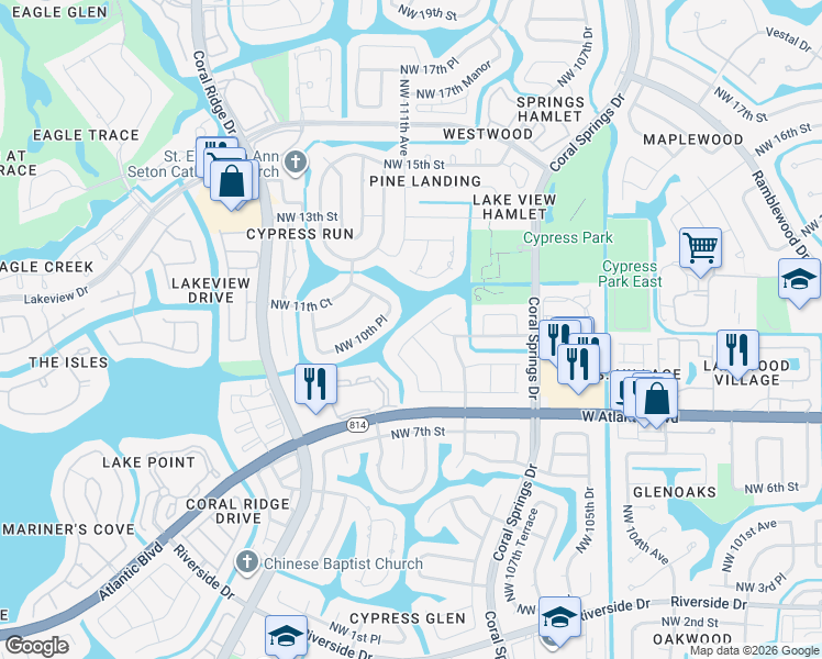 map of restaurants, bars, coffee shops, grocery stores, and more near 1008 Northwest 110th Lane in Coral Springs