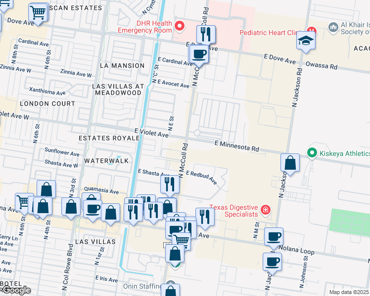 map of restaurants, bars, coffee shops, grocery stores, and more near 808 East Violet Avenue in McAllen