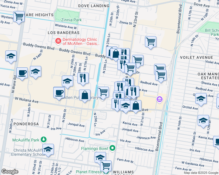 map of restaurants, bars, coffee shops, grocery stores, and more near 2425 Quamasia Avenue in McAllen