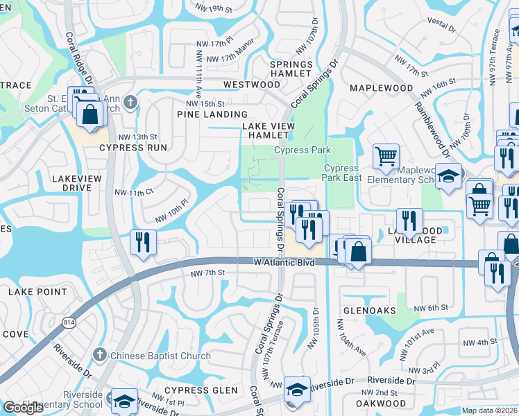 map of restaurants, bars, coffee shops, grocery stores, and more near 1068 Northwest 108th Lane in Coral Springs