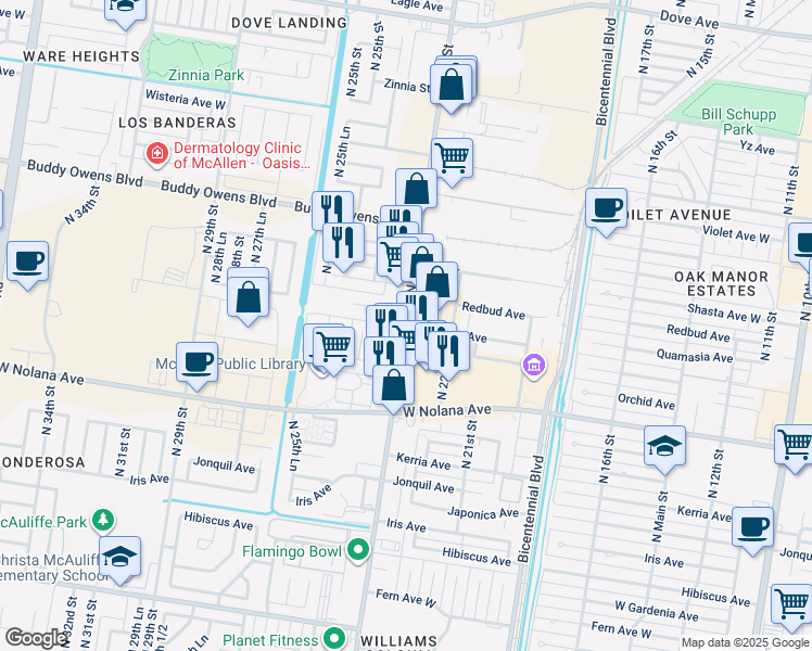map of restaurants, bars, coffee shops, grocery stores, and more near 2298 Primrose Avenue in McAllen