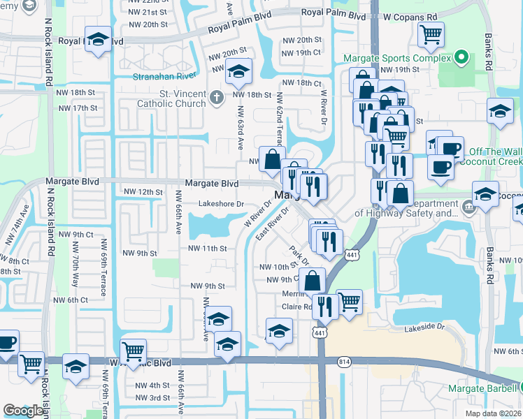 map of restaurants, bars, coffee shops, grocery stores, and more near 1324 West River Drive in Margate