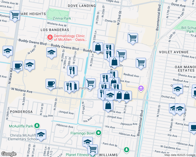 map of restaurants, bars, coffee shops, grocery stores, and more near 2425 Quamasia Avenue in McAllen