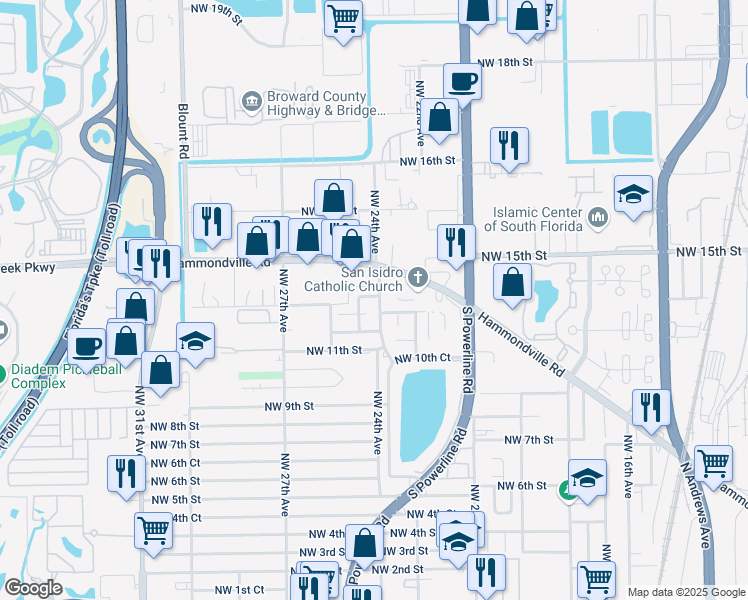 map of restaurants, bars, coffee shops, grocery stores, and more near 2401 Northwest 13th Street in Pompano Beach