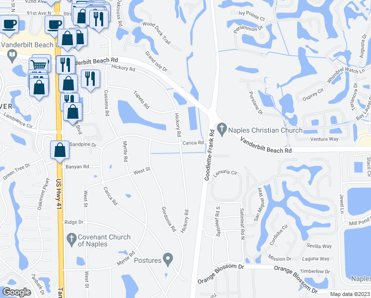 map of restaurants, bars, coffee shops, grocery stores, and more near 696 Hickory Road in Naples