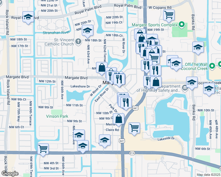 map of restaurants, bars, coffee shops, grocery stores, and more near 1224 East River Drive in Margate