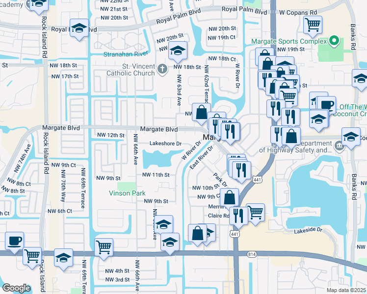 map of restaurants, bars, coffee shops, grocery stores, and more near 6278 Lakeshore Drive in Margate