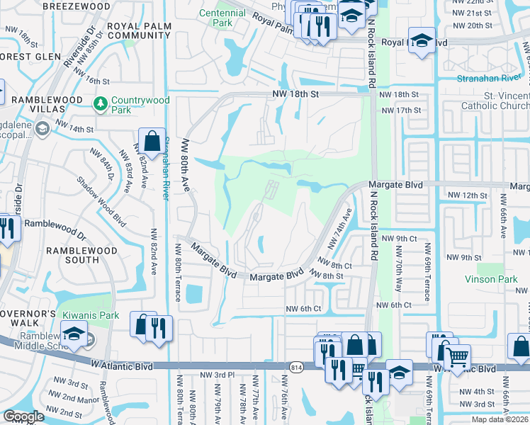map of restaurants, bars, coffee shops, grocery stores, and more near 1050 Country Club Drive in Margate
