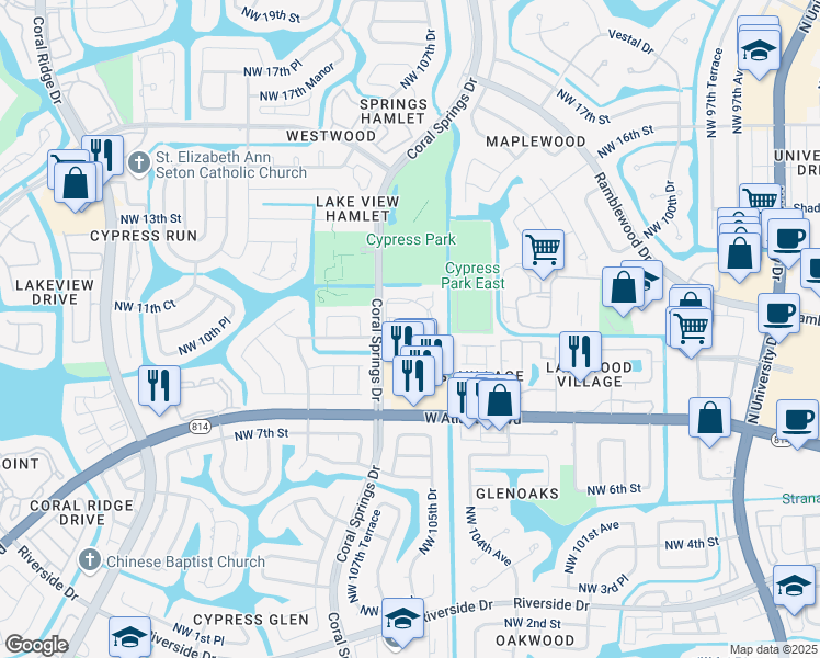 map of restaurants, bars, coffee shops, grocery stores, and more near 1017 Coral Club Drive in Coral Springs