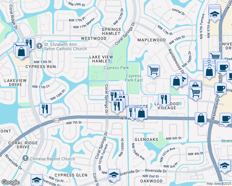 map of restaurants, bars, coffee shops, grocery stores, and more near 978 Coral Club Drive in Coral Springs