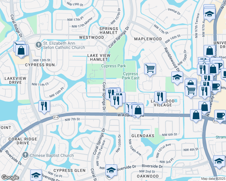 map of restaurants, bars, coffee shops, grocery stores, and more near 1083 Coral Club Drive in Coral Springs