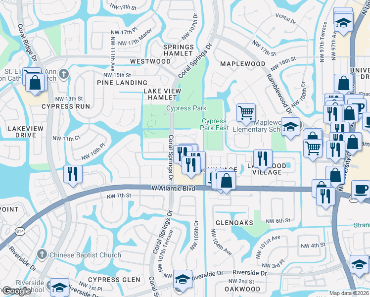 map of restaurants, bars, coffee shops, grocery stores, and more near 1083 Coral Club Drive in Coral Springs