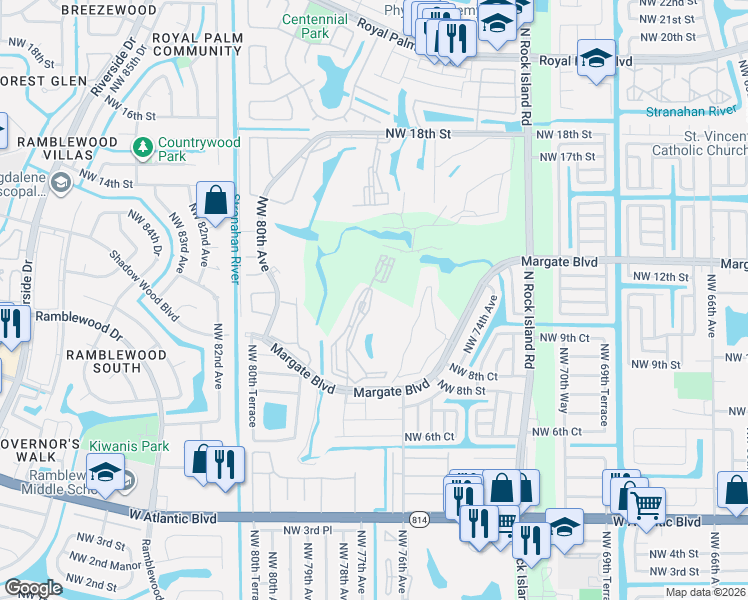map of restaurants, bars, coffee shops, grocery stores, and more near 1100 Country Club Drive in Margate