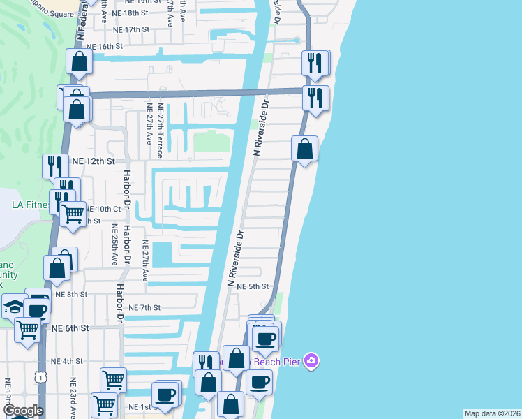 map of restaurants, bars, coffee shops, grocery stores, and more near 3200 Northeast 7th Court in Pompano Beach