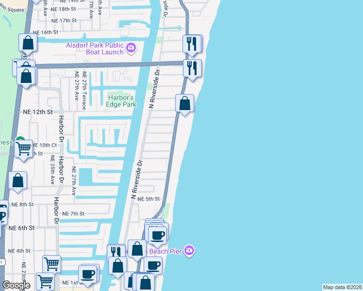 map of restaurants, bars, coffee shops, grocery stores, and more near 730 North Ocean Boulevard in Pompano Beach