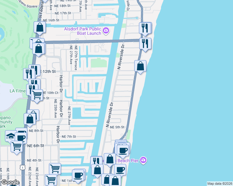 map of restaurants, bars, coffee shops, grocery stores, and more near 3209 Northeast 7th Place in Pompano Beach
