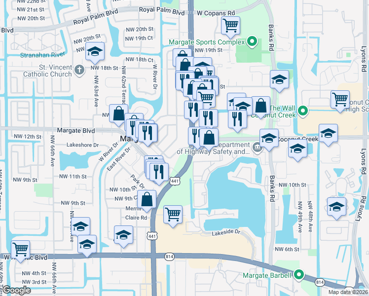 map of restaurants, bars, coffee shops, grocery stores, and more near 1299 North State Road 7 in Margate