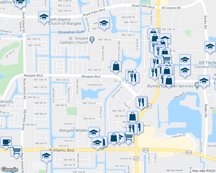 map of restaurants, bars, coffee shops, grocery stores, and more near 6278 Lakeshore Drive in Margate