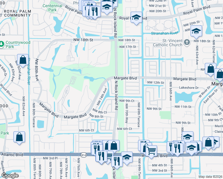 map of restaurants, bars, coffee shops, grocery stores, and more near 1145 Rock Island Road in Margate