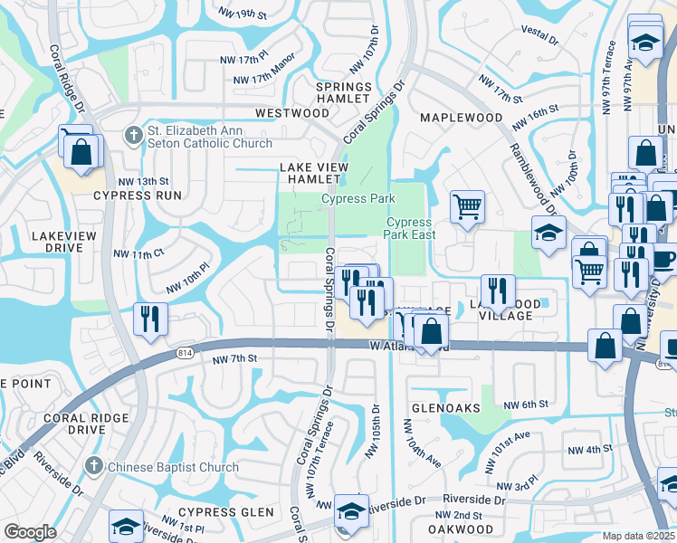 map of restaurants, bars, coffee shops, grocery stores, and more near 1083 Coral Club Drive in Coral Springs