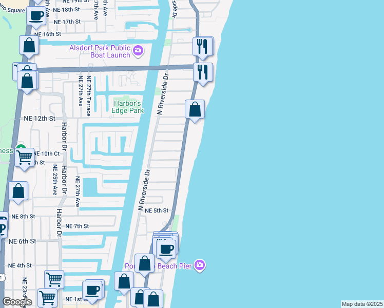 map of restaurants, bars, coffee shops, grocery stores, and more near 730 North Ocean Boulevard in Pompano Beach