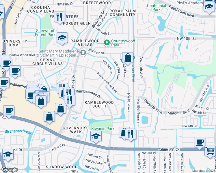 map of restaurants, bars, coffee shops, grocery stores, and more near 8398 Shadow Wood Boulevard in Coral Springs
