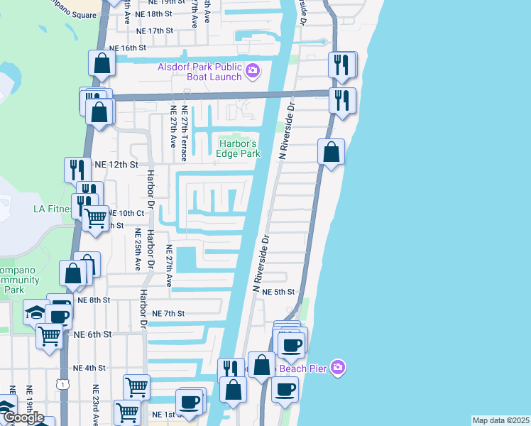 map of restaurants, bars, coffee shops, grocery stores, and more near 725 North Riverside Drive in Pompano Beach