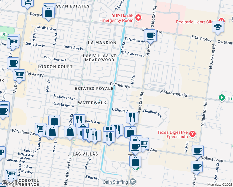 map of restaurants, bars, coffee shops, grocery stores, and more near 401 East Tulip Avenue in McAllen