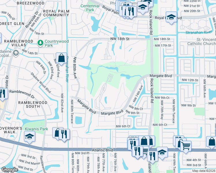 map of restaurants, bars, coffee shops, grocery stores, and more near 1100 Country Club Drive in Margate