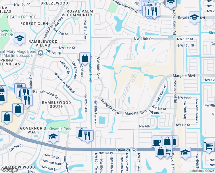 map of restaurants, bars, coffee shops, grocery stores, and more near 1759 Northwest 80th Avenue in Margate