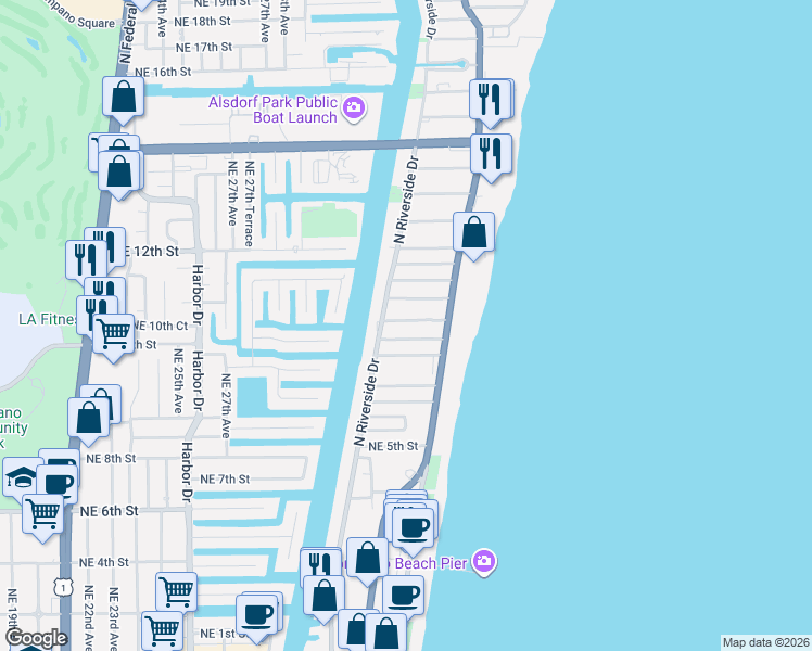 map of restaurants, bars, coffee shops, grocery stores, and more near 3209 Northeast 7th Place in Pompano Beach