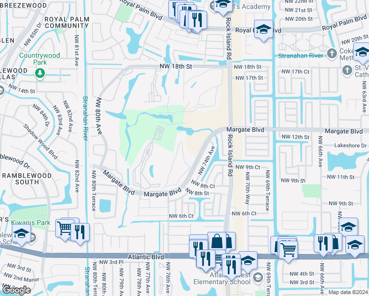 map of restaurants, bars, coffee shops, grocery stores, and more near 627 Golf Circle Drive in Margate