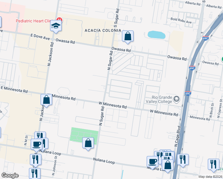map of restaurants, bars, coffee shops, grocery stores, and more near 911 West Iroquois Avenue in Pharr
