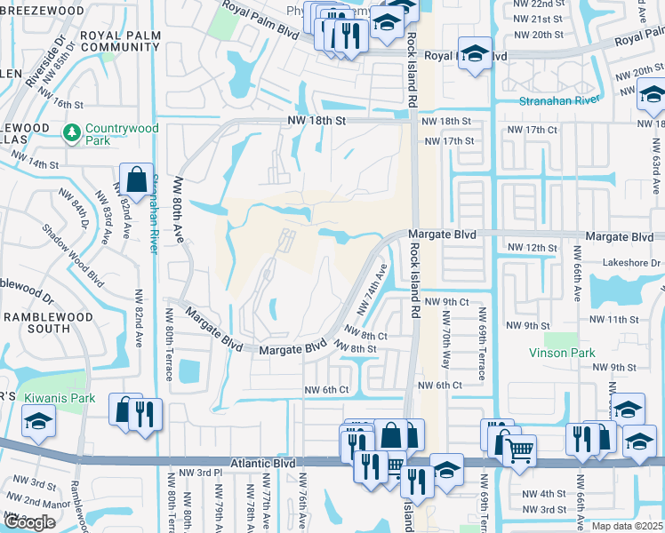 map of restaurants, bars, coffee shops, grocery stores, and more near 627 Golf Circle Drive in Margate