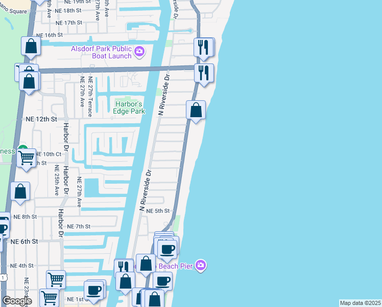 map of restaurants, bars, coffee shops, grocery stores, and more near 730 North Ocean Boulevard in Pompano Beach