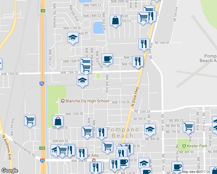 map of restaurants, bars, coffee shops, grocery stores, and more near 245 Northwest 12th Court in Pompano Beach